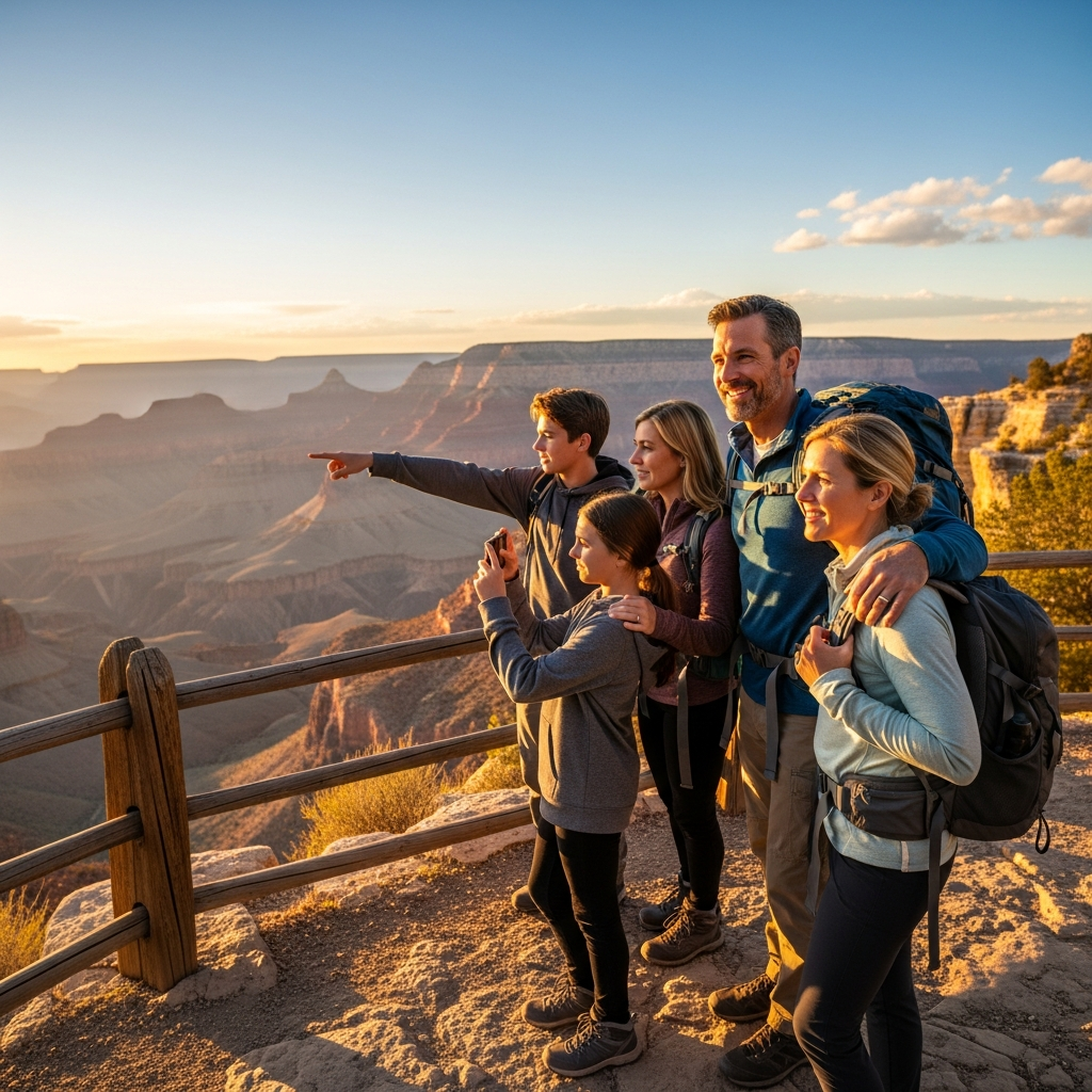 Grand Canyon family hiking adventure with teens Family hiking at Grand Canyon scenic overlook with teenagers