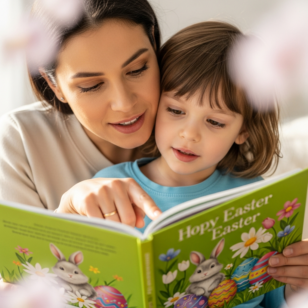 Padre e hijo compartiendo cálidamente un libro de Pascua fomentando la conexión