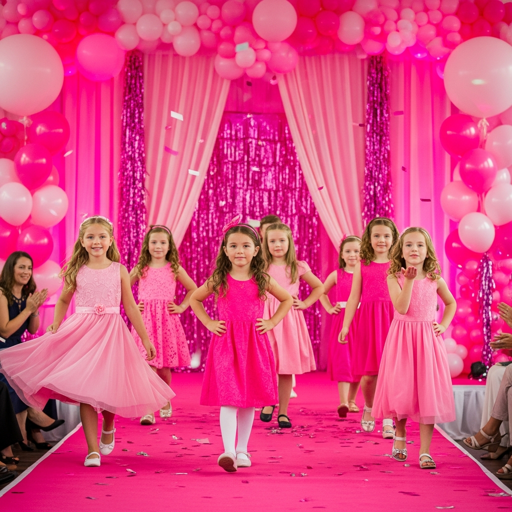 Enfants marchant sur une piste rose lors d'un défilé de mode à une fête Barbie