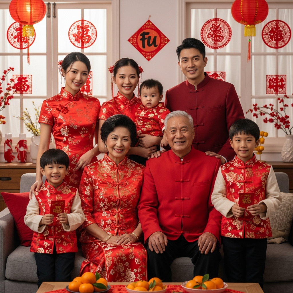 Mehrgenerationale Familie in passenden Outfits zur Feier des Chinesischen Neujahrs