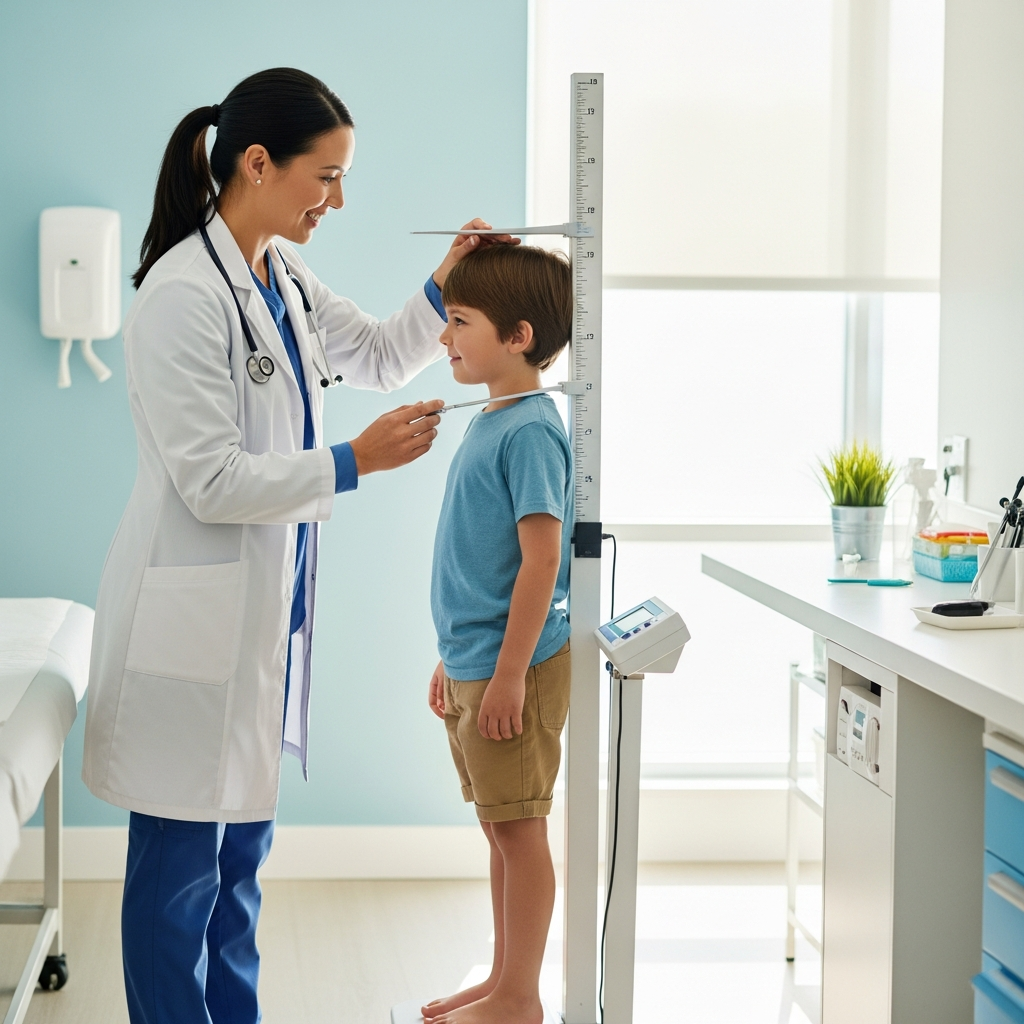 Professional pediatric assessment evaluation Pediatrician evaluating child growth and height during medical checkup