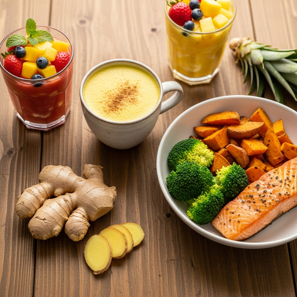 Alimentos curativos antiinflamatorios para la recuperación posparto Alimentos curativos antiinflamatorios posparto que incluyen latte de cúrcuma, smoothie y bowl de salmón para nuevas mamás