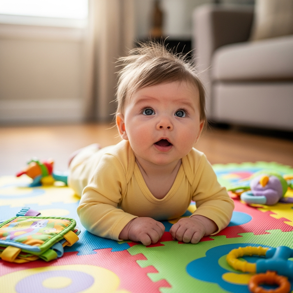 2 month old baby practicing tummy time for physical motor skill development