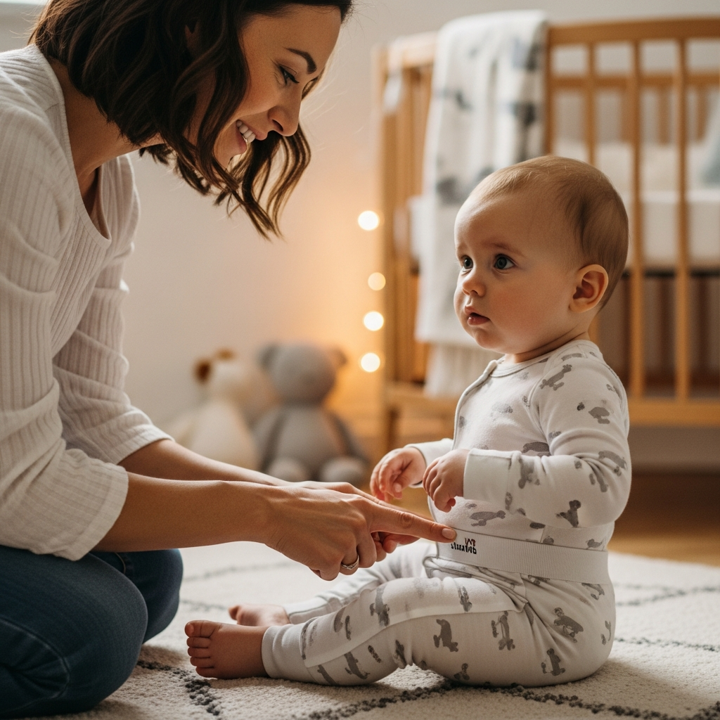 Mother checking baby pajama fit with finger test at waistband for snug fit safety