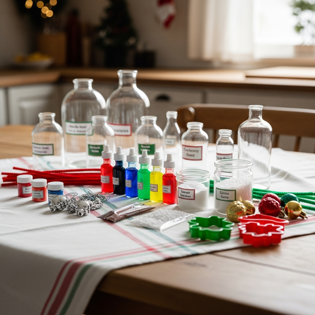 Organisierte Weihnachts-Wissenschaftsexperiment-Vorräte auf dem Tisch