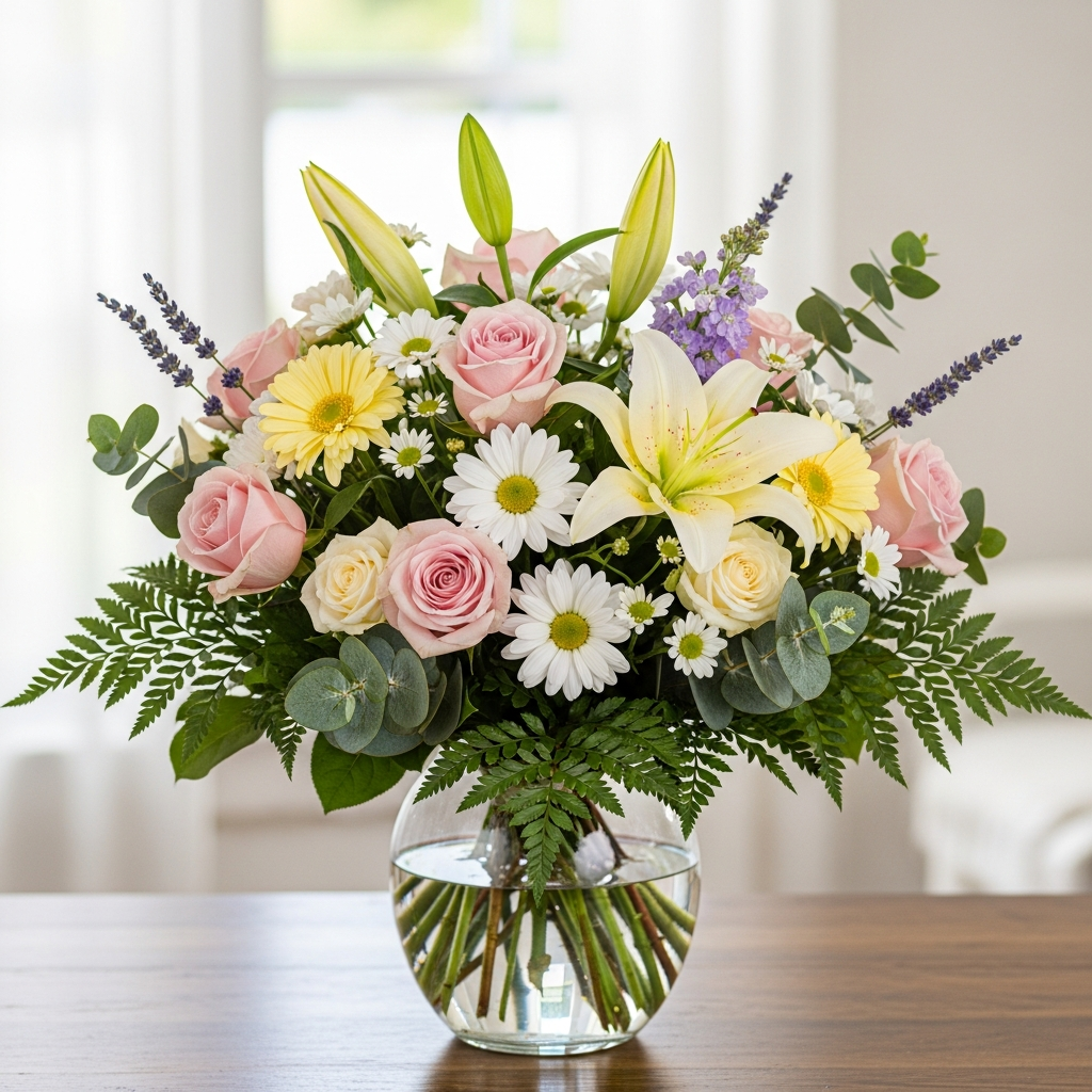 Beautiful spring flower arrangement with roses daisies and lilies