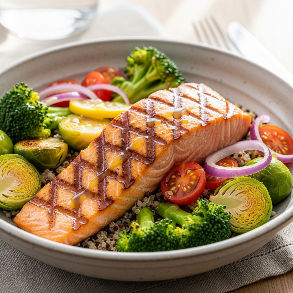 Lachs-Quinoa-Bowl mit Rosenkohl für die Cholinaufnahme in der Schwangerschaft