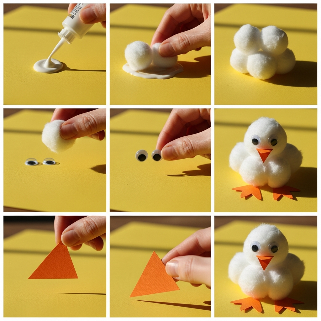 Fluffy cotton ball Easter chick craft activity for kids