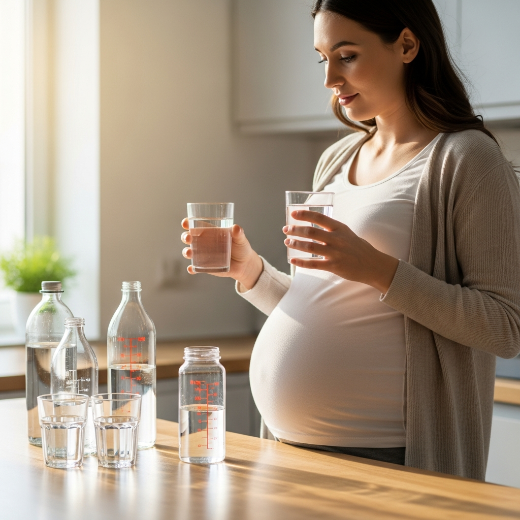 Pregnant woman measuring daily water intake with bottles and glasses