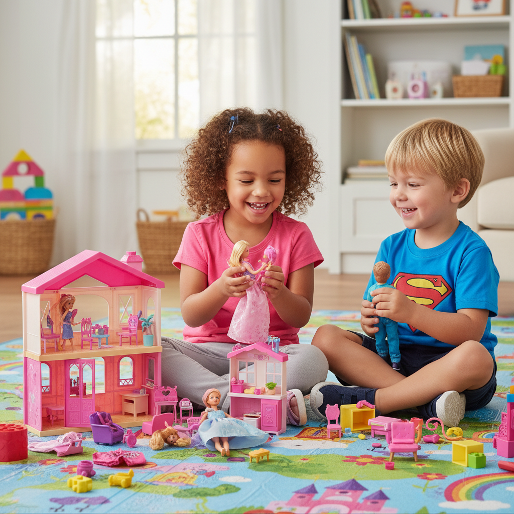Children engaged in imaginative Barbie doll play developing cognitive and social skills through storytelling