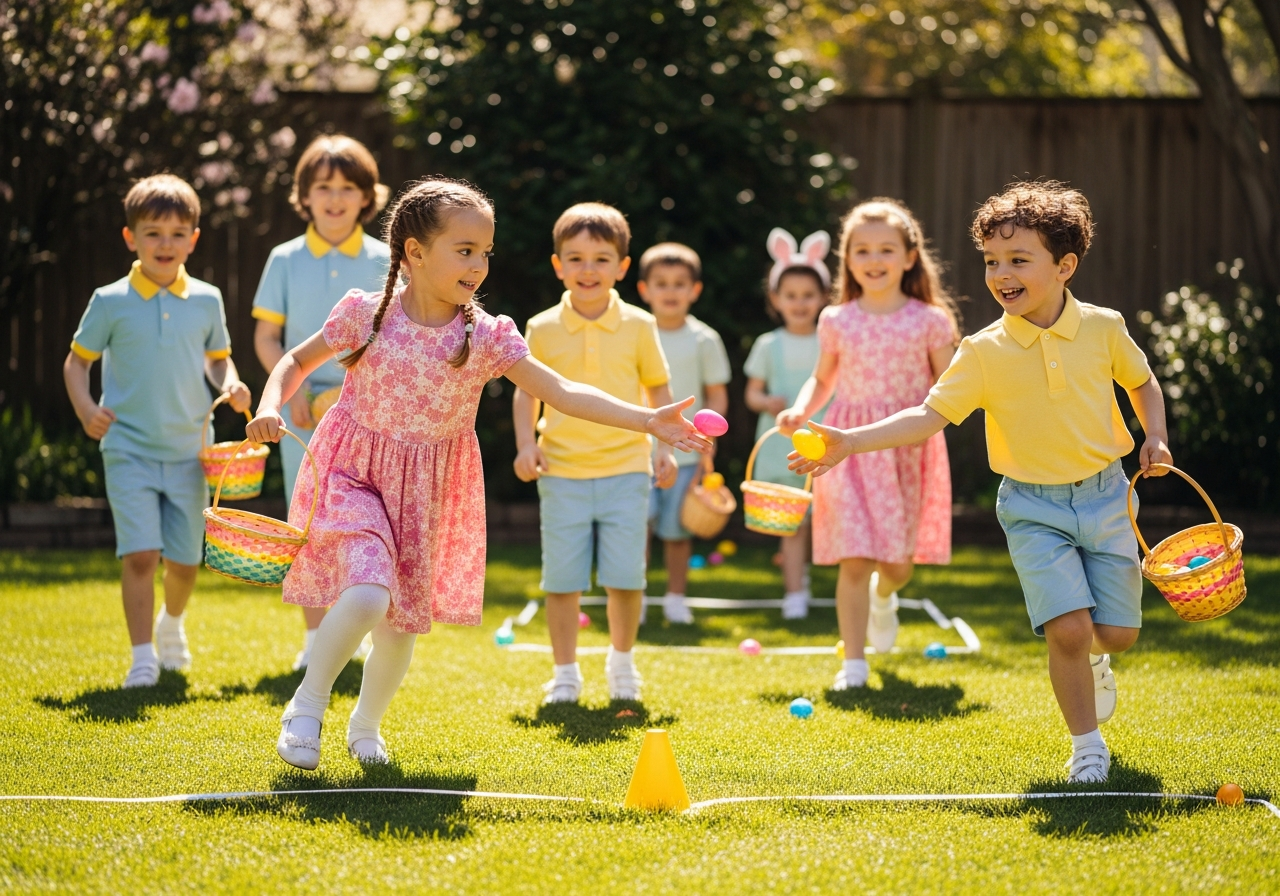 Team relay Easter egg hunt with children in coordinated outfits