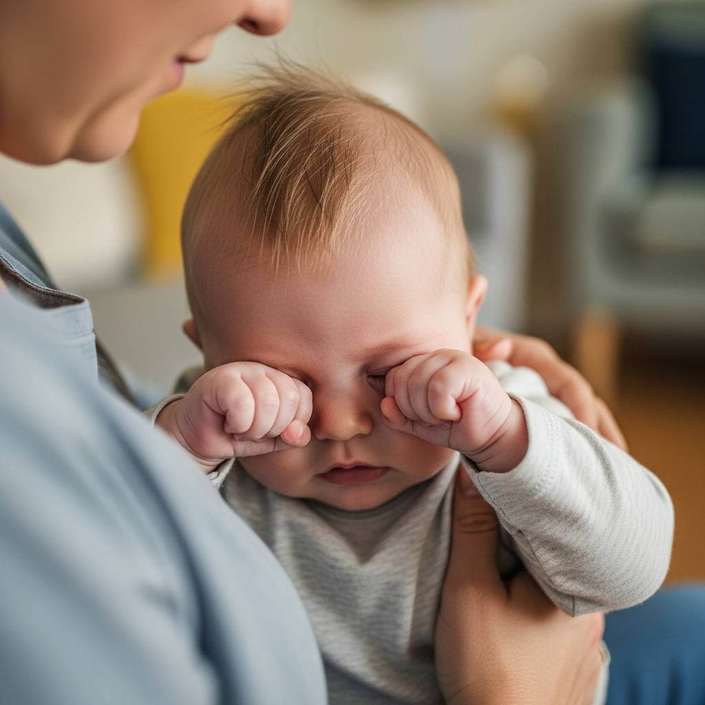 Bebé mostrando señales de sobrecansado frotándose los ojos con el padre para guía de sueño
