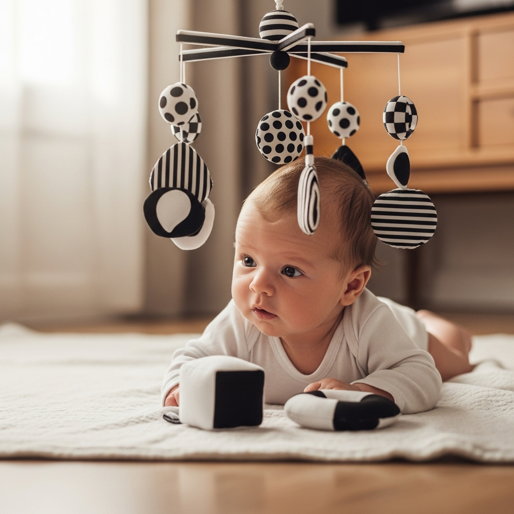 Juguetes sensoriales de alto contraste para el desarrollo de recién nacidos Guía visual para padres de tiempo boca abajo de recién nacido con juguetes de desarrollo de alto contraste