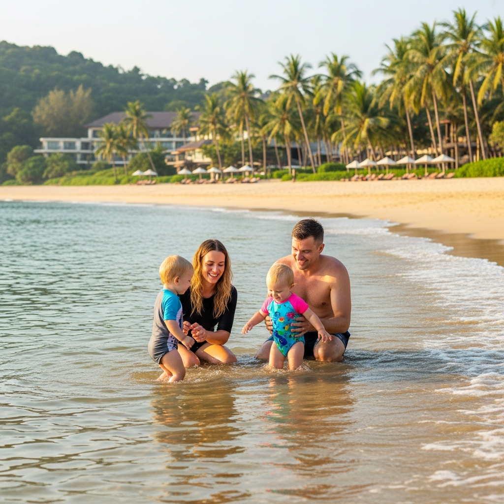 Playas seguras para niños pequeños Familia con niños pequeños jugando en la playa Bang Tao en Phuket en aguas poco profundas