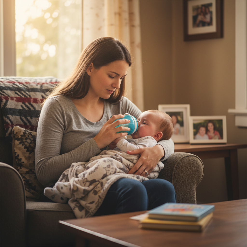 Mother keeping baby hydrated with oral rehydration solution during diarrhea recovery at home