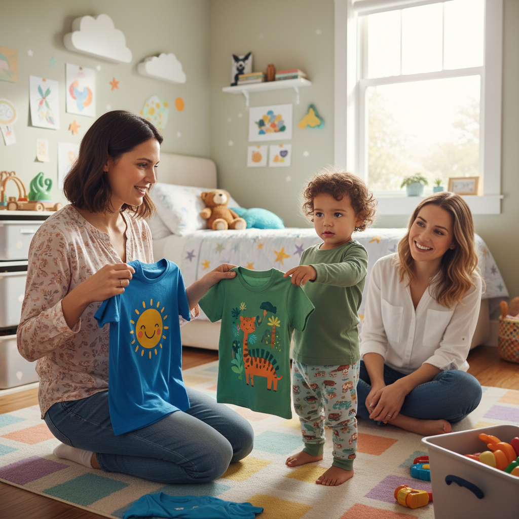 Parent offering two clothing choices to toddler empowering child autonomy in positive parenting morning routine