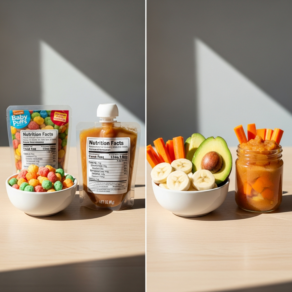 Ladenkäufliche versus hausgemachte Baby-Snacks-Vergleich, der gesündere natürliche Alternativen zeigt