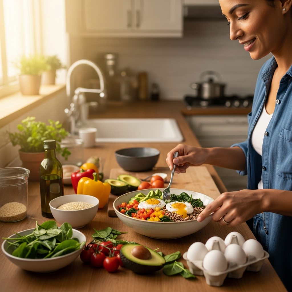Escena de preparación de comidas de tazón de desayuno de quinoa amigable con SOP