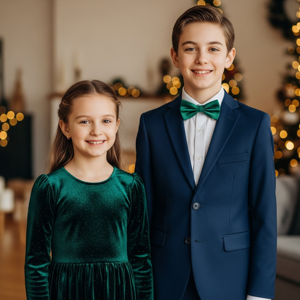 Brother and sister in coordinating formal New Year outfits