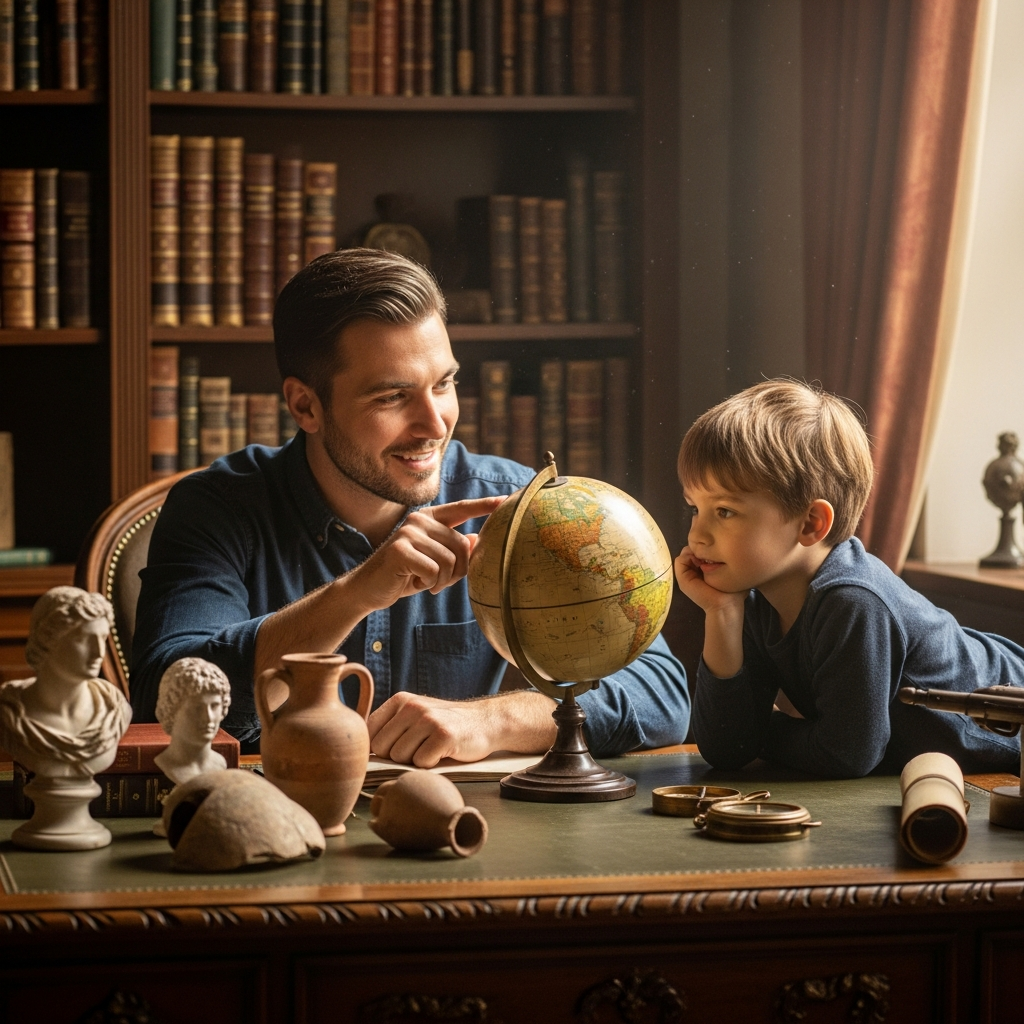 Father teaching young son about ancient leaders and historical wisdom