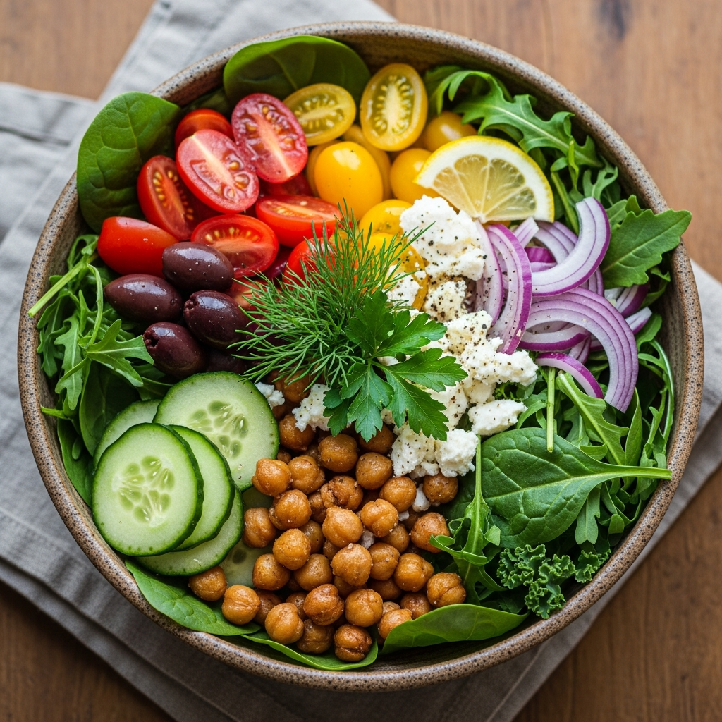 Visueller Leitfaden zu fruchtbarkeitsfördernder Mittagessenschüssel mit Kichererbsen und Grünzeug