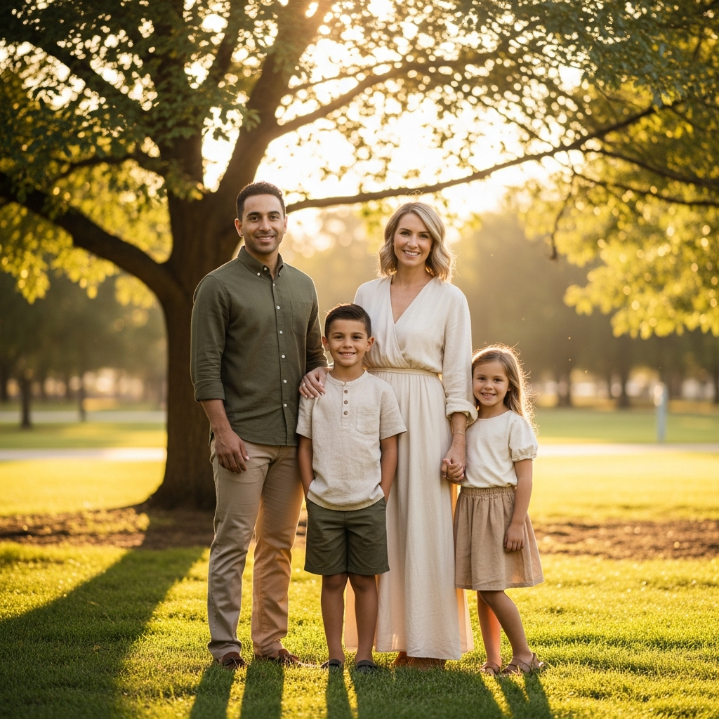 Famille portant des tenues coordonnées en couleurs neutres pour séance photo guide visuel pour parents