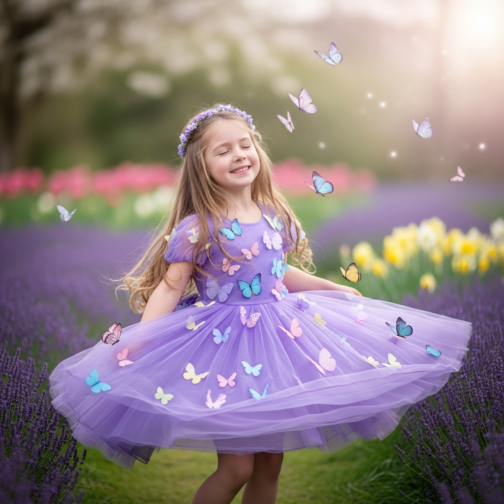 Fille qui tournoie dans une robe de printemps tulle violette avec applications papillons 3D dans un jardin printanier style conte de fées