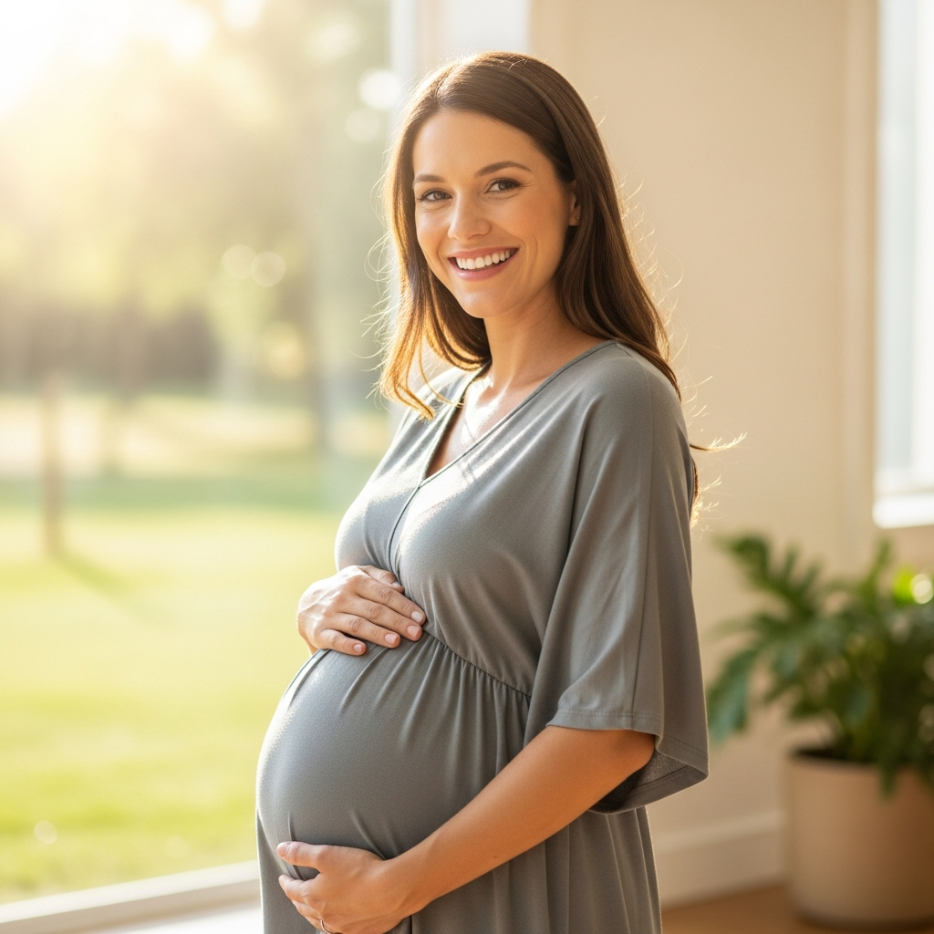 Selbstbewusste werdende Mutter mit positiver Schwangerschafts-Wellness Glückliche selbstbewusste schwangere Frau umarmt gesunde Schwangerschafts-Selbstfürsorge-Reise