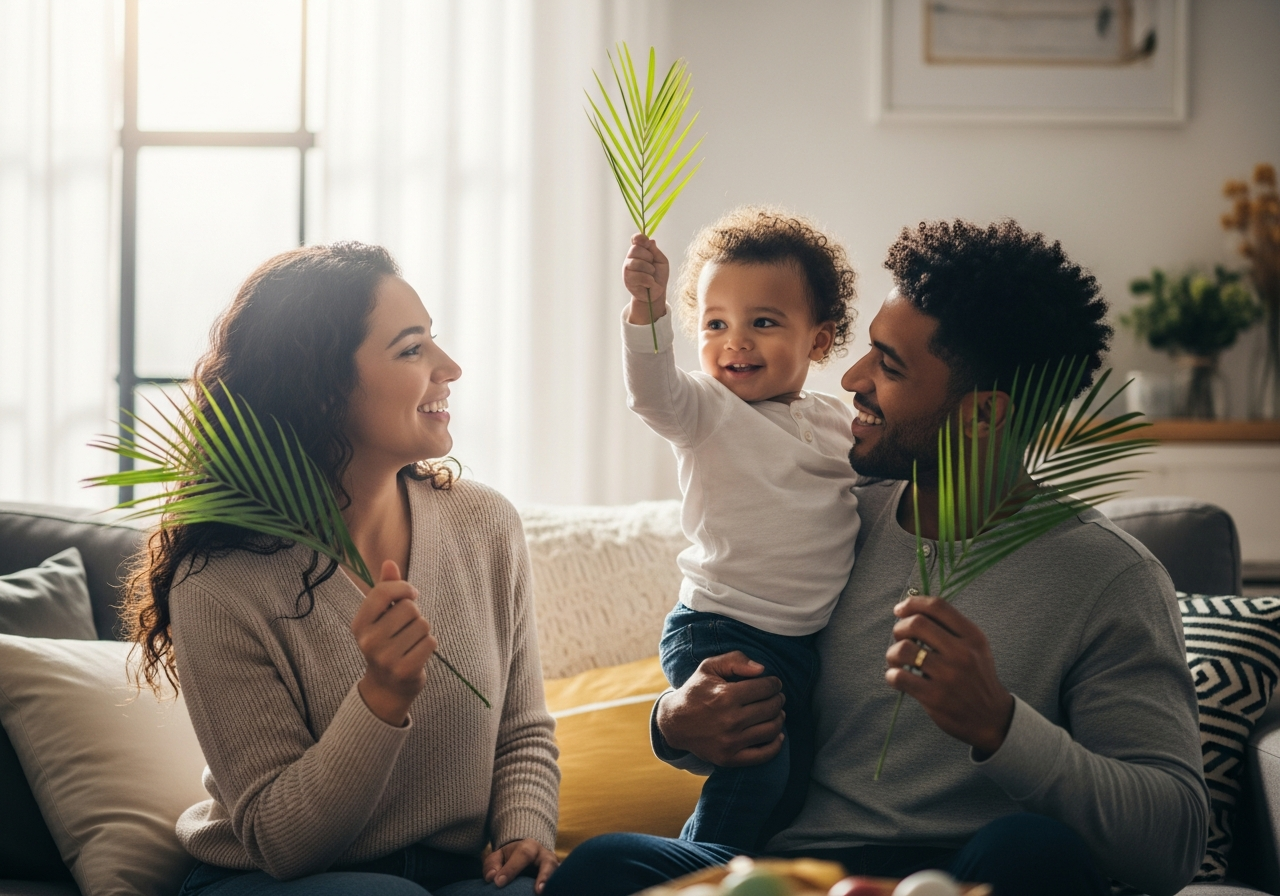 Family celebrating Holy Week with toddler Palm Sunday activities
