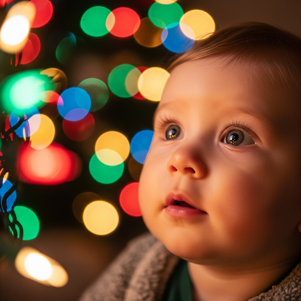 Bebé fascinado por las luces de Navidad: guía visual para familias nuevas