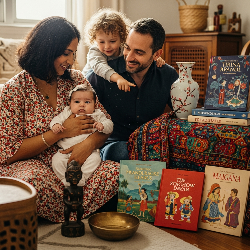 Famille multiculturelle avec bébé fille célébrant la diversité culturelle dans le choix des noms