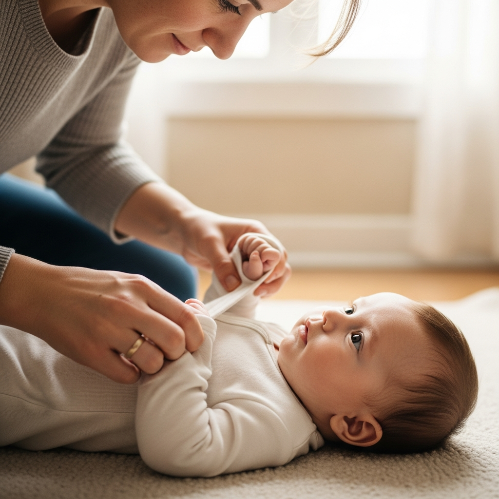 Parent vérifiant l’ajustement d’un dors-bien bébé pour le confort et la sécurité
