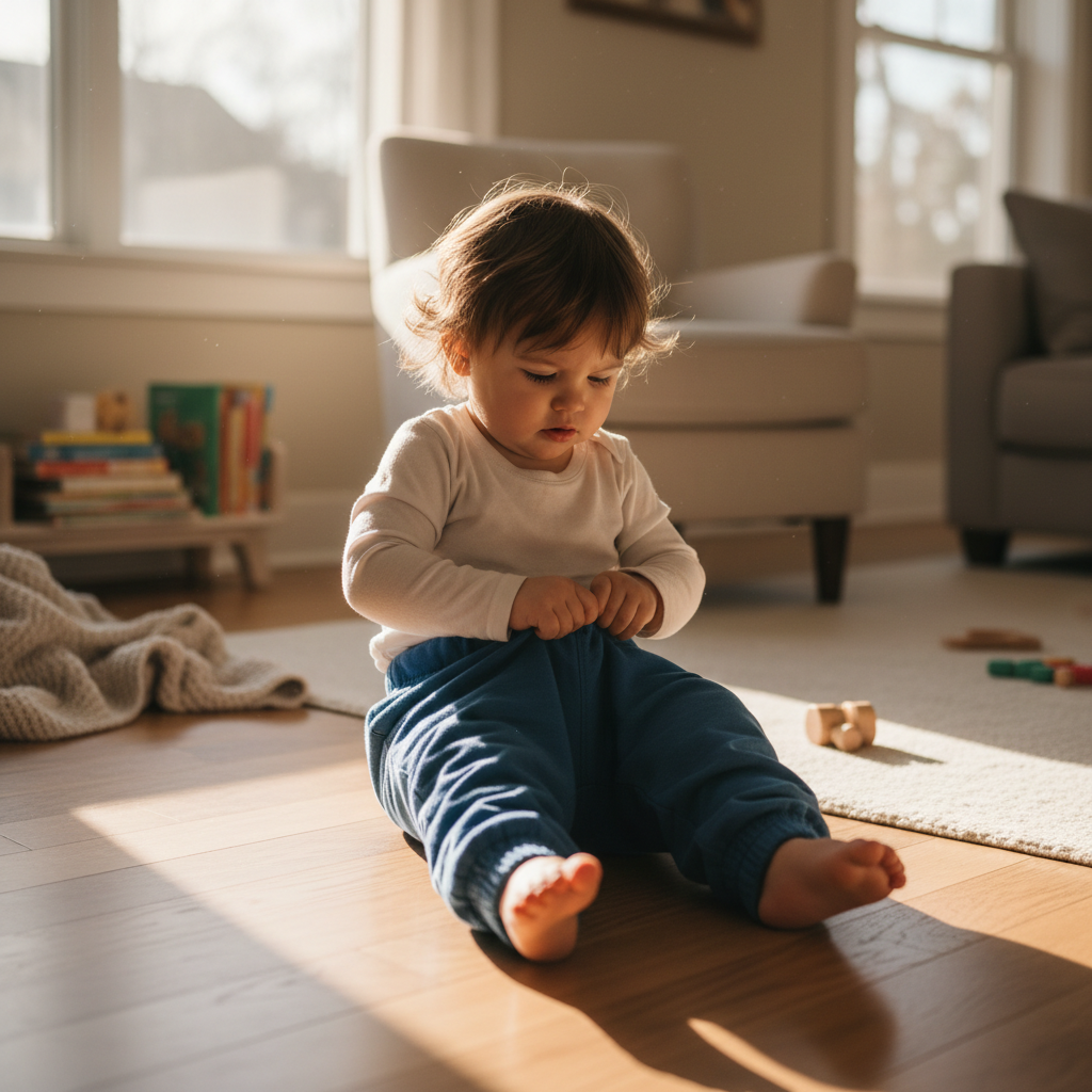 Toddler independently pulling on elastic waist pants, kids dressing milestones by age visual guide