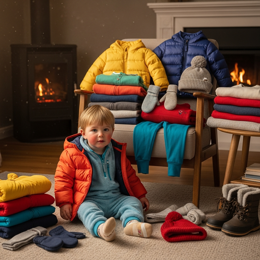 Essential winter clothing items for kids including puffer jackets and fleece