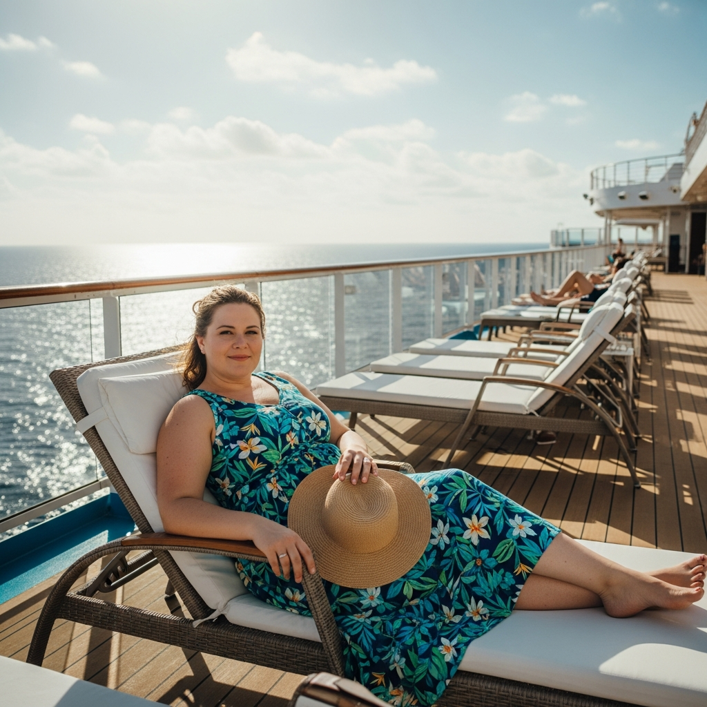 Plus size woman in flowy sundress relaxing on cruise ship deck during sea day vacation