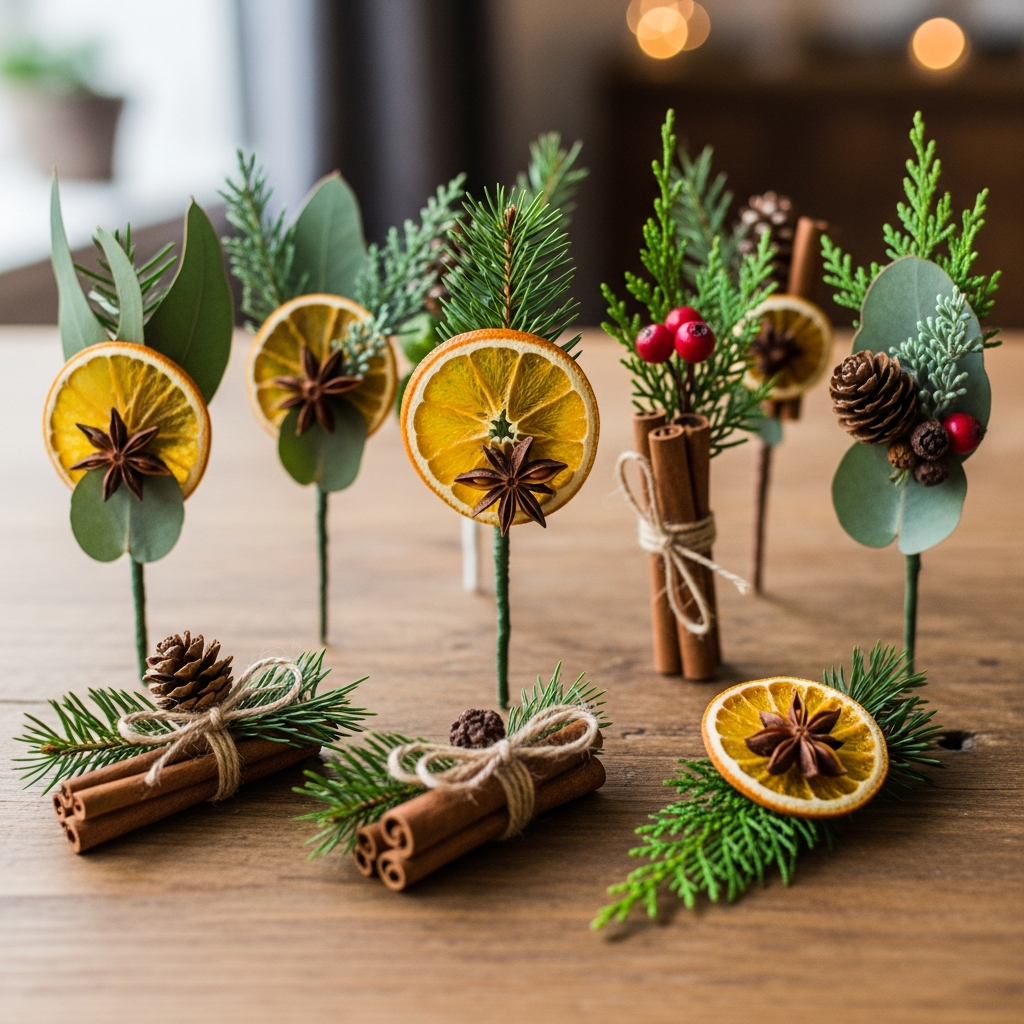 Handmade Christmas gift toppers with dried orange slices and greenery