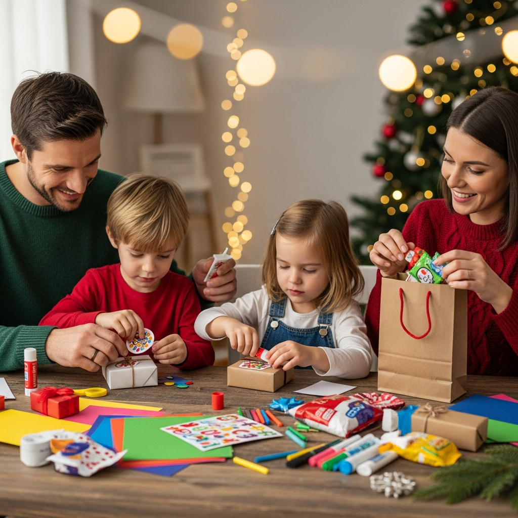 Family giving traditions at Christmas illustration for parents and children
