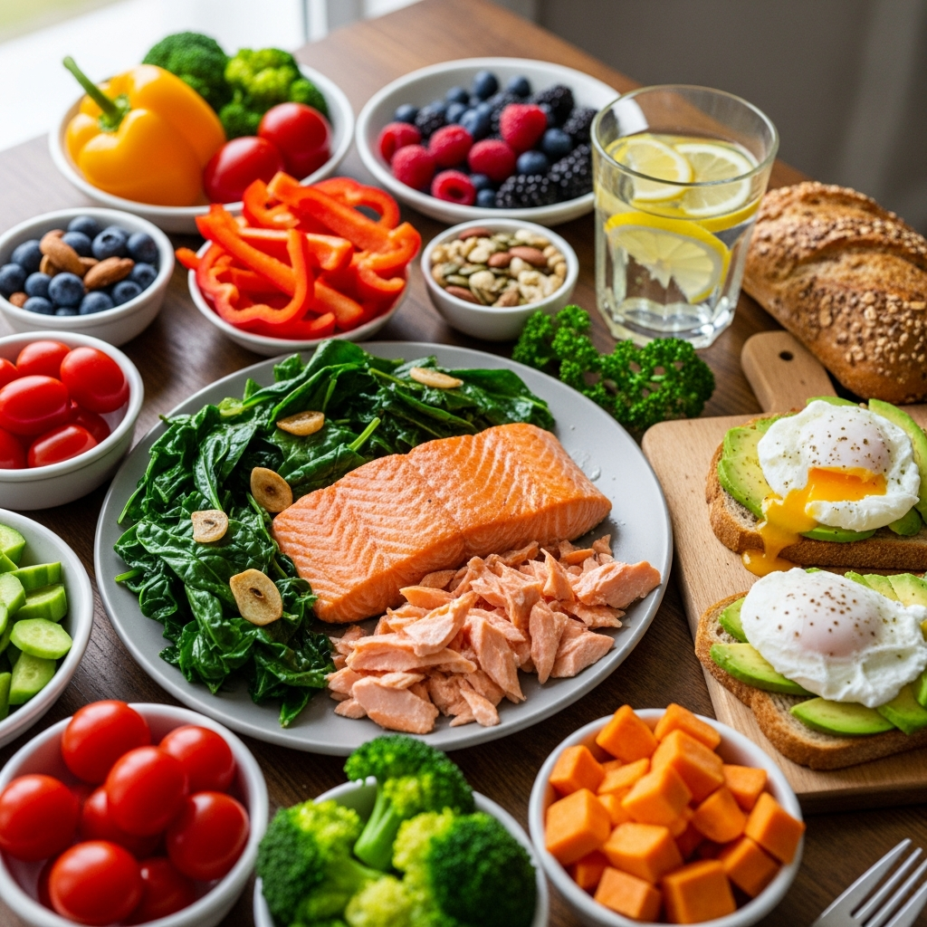 Essentiels nutritionnels post-partum pour la guérison Aliments riches en nutriments pour la récupération post-partum incluant le saumon et les légumes