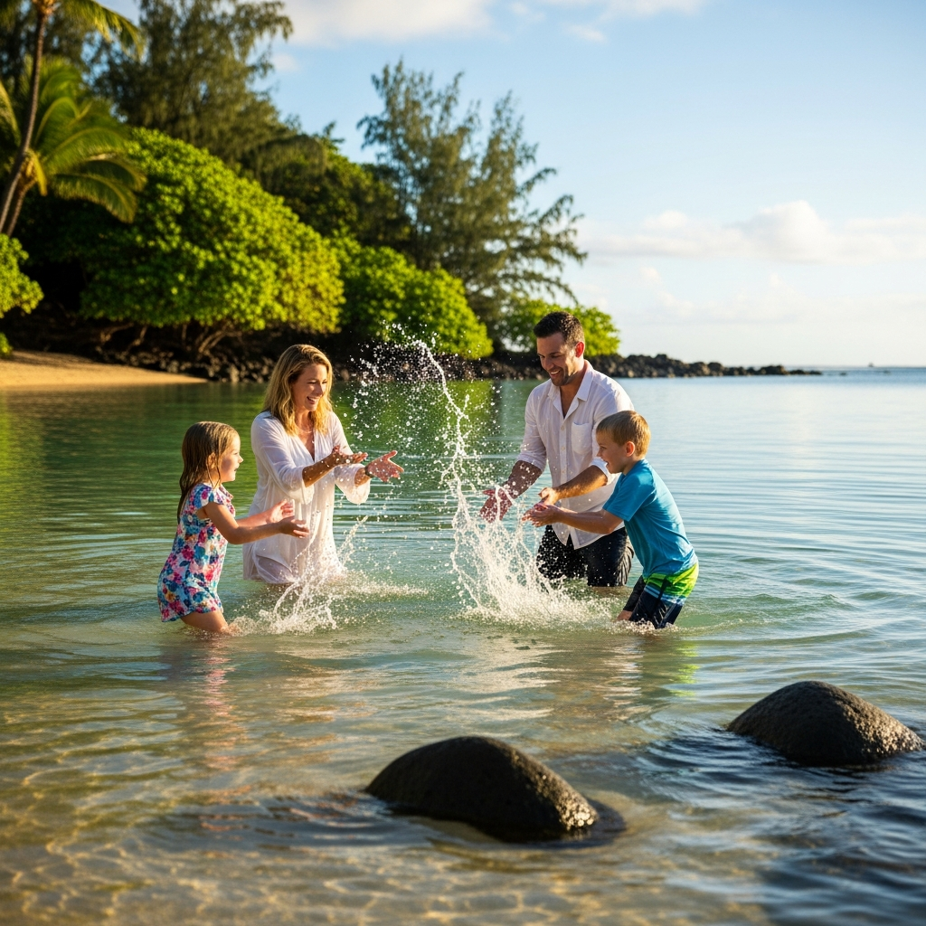 Actividades seguras en la playa para familias en Hawái Familia jugando en aguas calmadas de playa hawaiana guía visual para padres