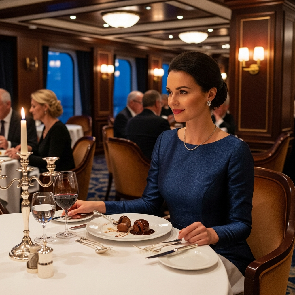 Elegant cruise formal dinner outfit for women Woman in navy cocktail dress at luxury cruise ship formal dinner table with candlelight