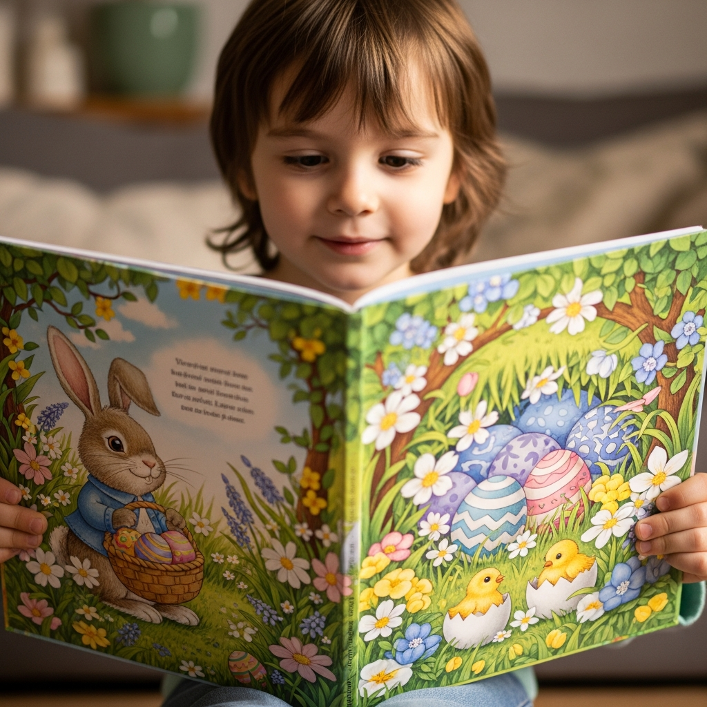 Preescolar absorto en ilustración de libro ilustrado de Pascua