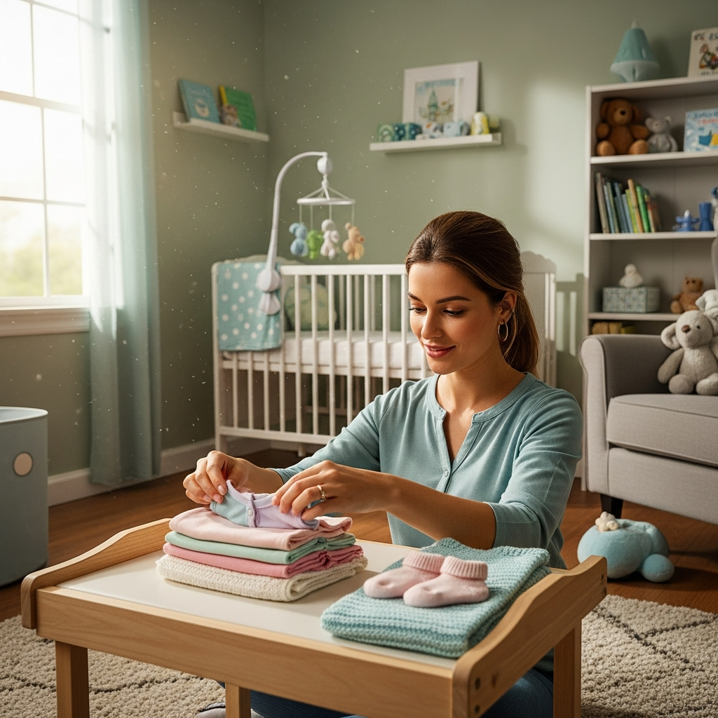 Préparer la nursery du bébé et plier des vêtements pour du confort pendant la grossesse