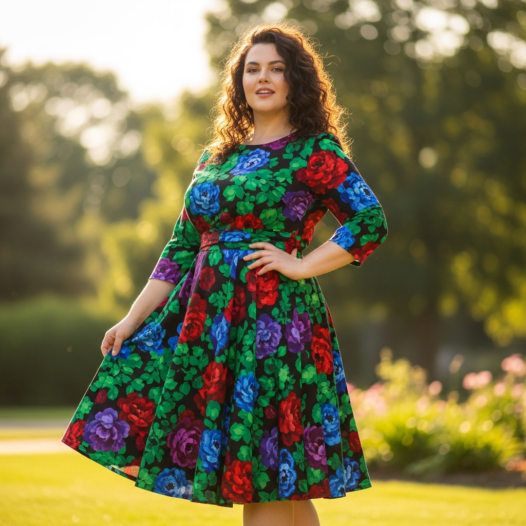 Plus size woman confidently wearing a bold floral print dress in jewel tones, body-positive fashion styling