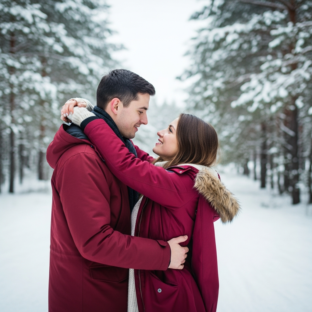 Winter Valentine's Day couple photoshoot in snowy landscape with red coats