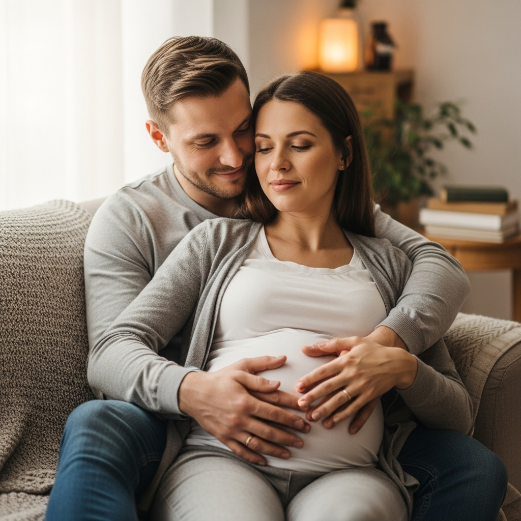 Supportive conversation between expecting parents Partner-Unterstützung während früher Schwangerschaft Leitfaden für werdende Paare