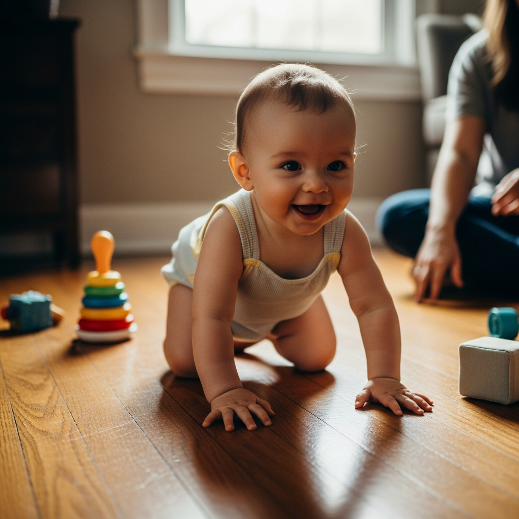 Bebé gateando con confianza en romper sin pies para desarrollo de movilidad