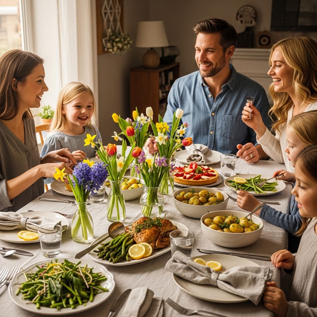 Familienabendessen besonders und unvergesslich machen Familie versammelt sich um den Frühlingsabendessentisch und schafft Erinnerungen