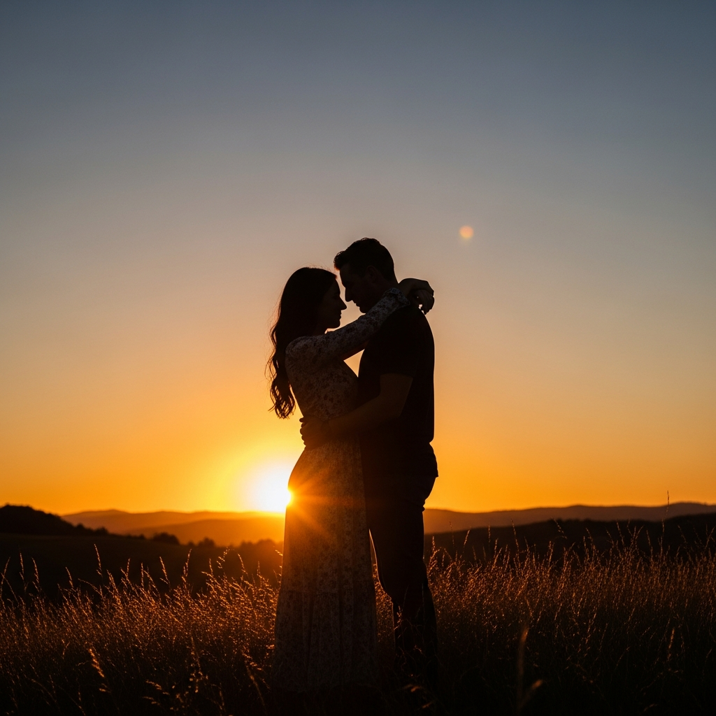 Romantic couple silhouette embracing at golden hour sunset for Valentine's Day photoshoot