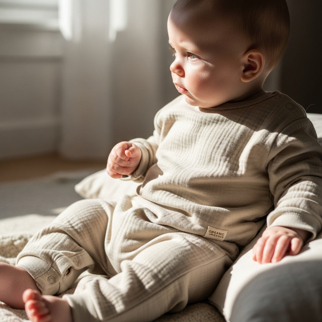 Organic cotton baby clothes for sensitive skin Baby wearing organic cotton clothing for sensitive skin health