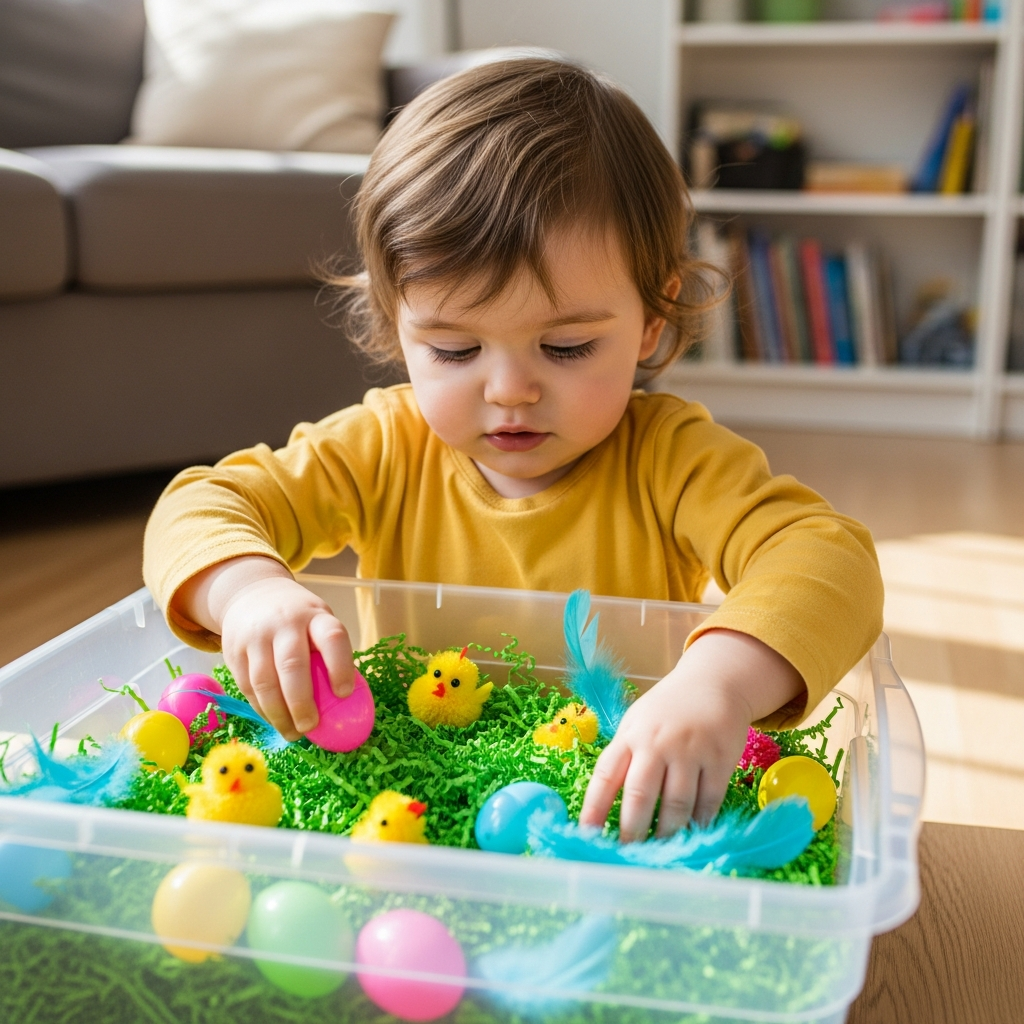 Niño pequeño comprometido en actividad sensorial de Pascua con juguetes de desarrollo